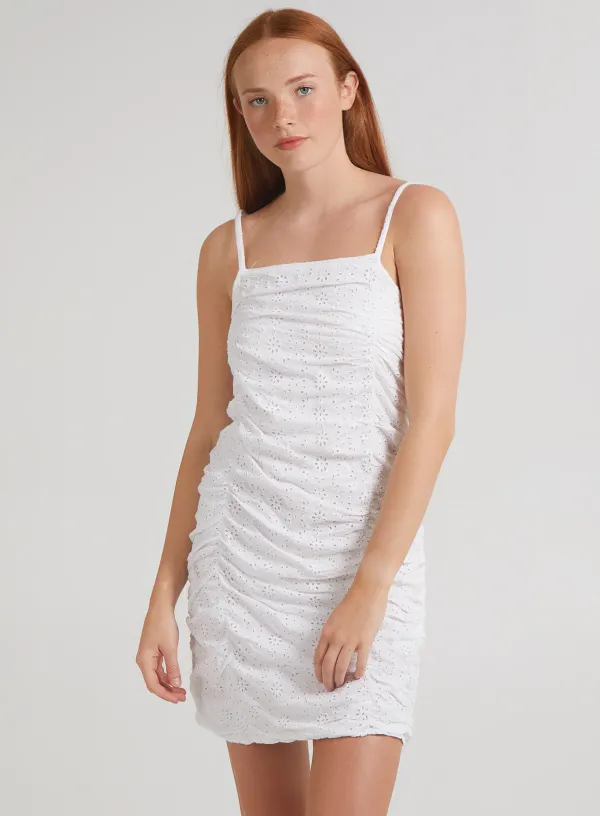 Ruched Broderie Cami Mini Dress White