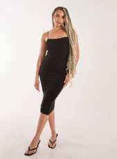 Ruched Gold Ring Strappy Midi Dress BLACK