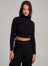 Ruched High Neck Side Top  - L  - Black