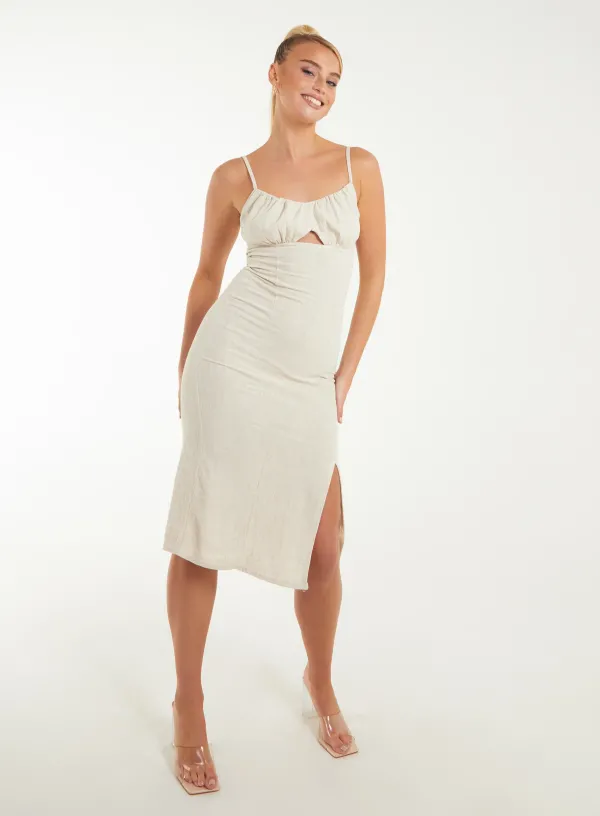 Ruched Linen Style Midi Dress - - STONE