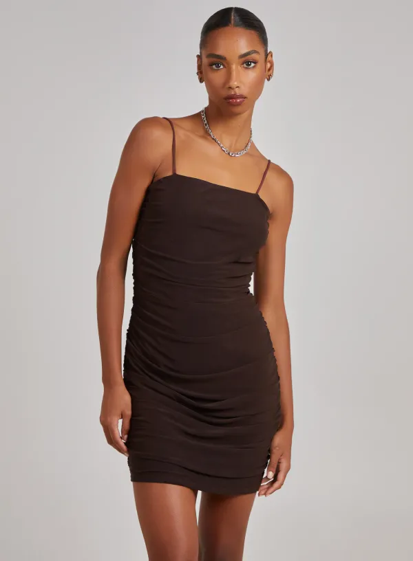 Ruched Mesh Strappy Dress - 8 - CHOCOLATE