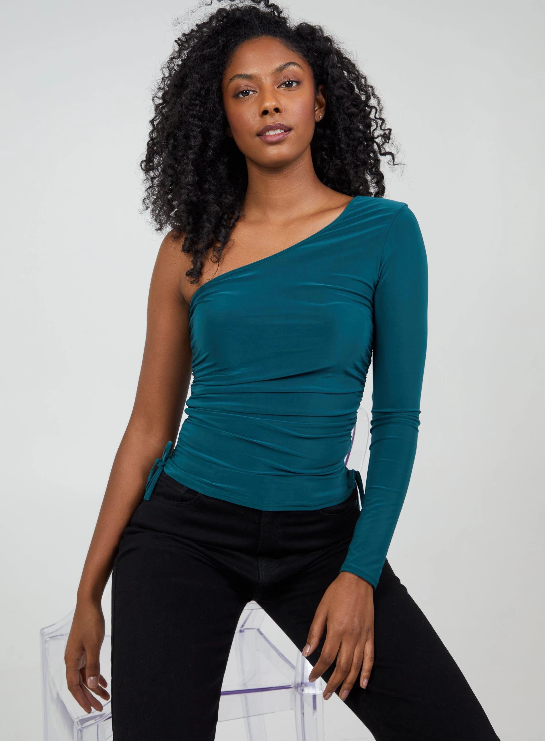 Ruched One Shoulder Slinky Top  - L  - Green