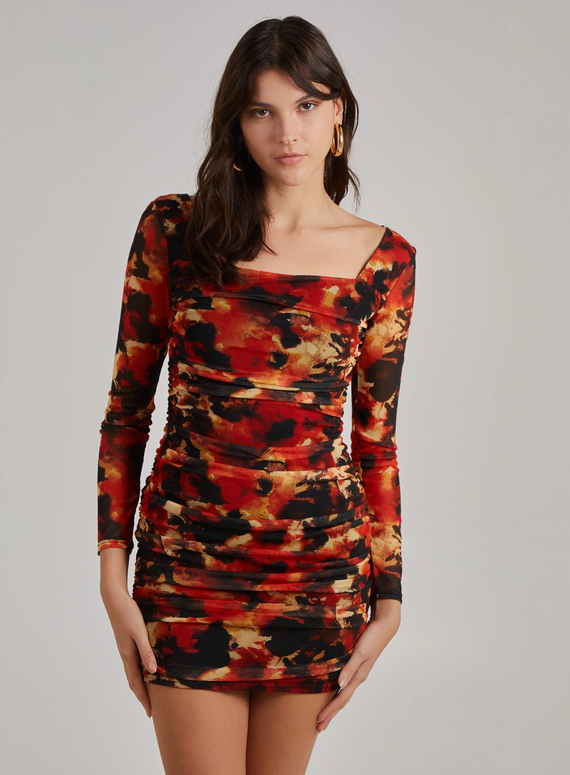 Ruched Smudge Print Long Sleeved Dress  - 14  - Orange