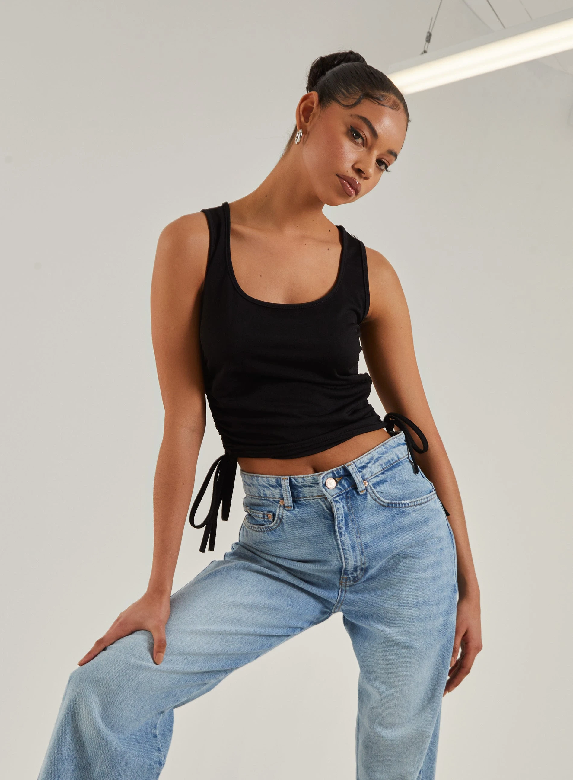 Ruched Tie Up Side Crop Top Black