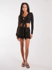 Ruffle Slinky Mini Skirt  - L  - BLACK