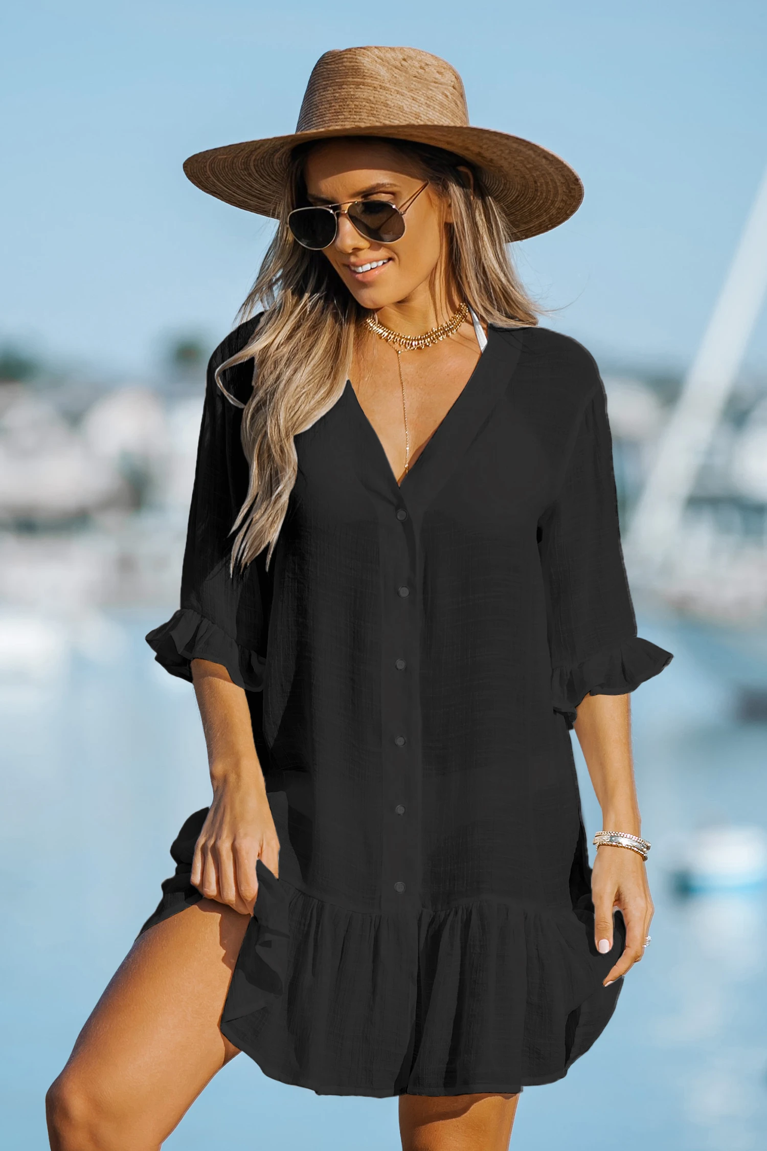 Ruffled Cover-Up Dress - Black