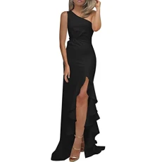 Ruffled Slit Long Dress Party Dress Womens One Shoulder Ruched Ruffle Formal Evening Dress Slim Dresses Formal Dress for Wedding Party (Black, XL)