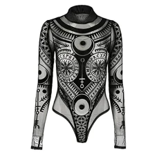 Runes Womens Bodysuit Gothic Occult Witchy Black Long Sleeve Mesh Top Leotard with Velvet Pattern (XS)