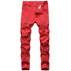 Running Trousers Women's Men's Jeans Comfort Stretch Denim Straight Leg Relaxed Fit Jeans Trousers Men, red, W30