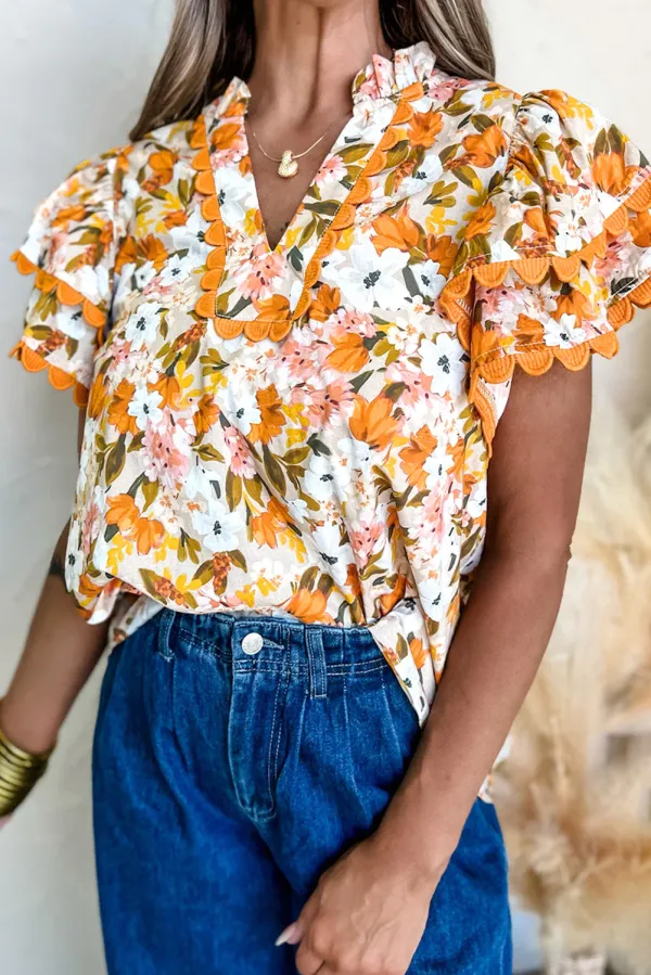 Russet Orange Ruffled V Neck Scalloped Short Sleeve Floral Blouse - Russet Orange / / 100%Polyester - Russet Orange