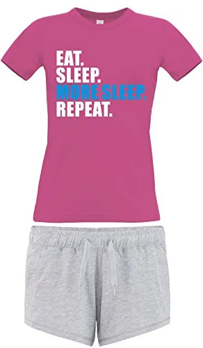 S Fuchsia Womens Fitted and Heather Grey Shorts Pyjama Set EAT Sleep More Repeat White and Sapphire Print