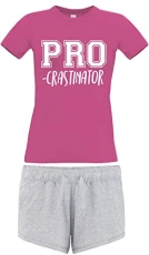 S Fuchsia Womens Fitted and Heather Grey Shorts Pyjama Set PRO-crastinator with White Print