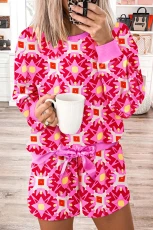 Sachet Pink Geometric Print Long Sleeve Top and Drawstring Shorts Set ACHET PINK / / 95%POLYESTER+%ELASTANE