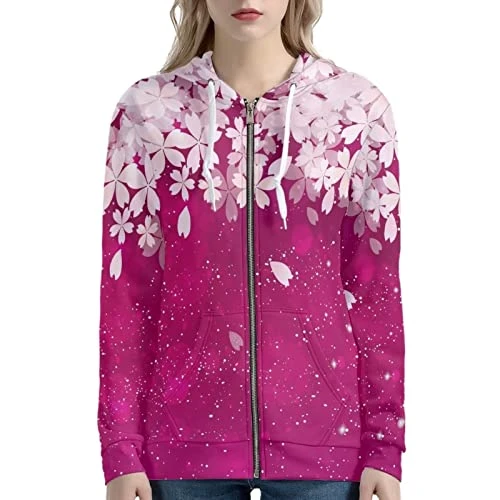 Sakura Zip Up Jackets for Women XS Teen Girls Pink Cherry Blossom Flower Hoodies & Sweatshirts Yoga Clothing Fall Pullover Spring Tops Outfits Y2K Cardigans