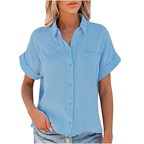 Sales Today Clearance Women Summer Shirts for Women 2024 Cotton Linen Button Down Shirt Casual Short