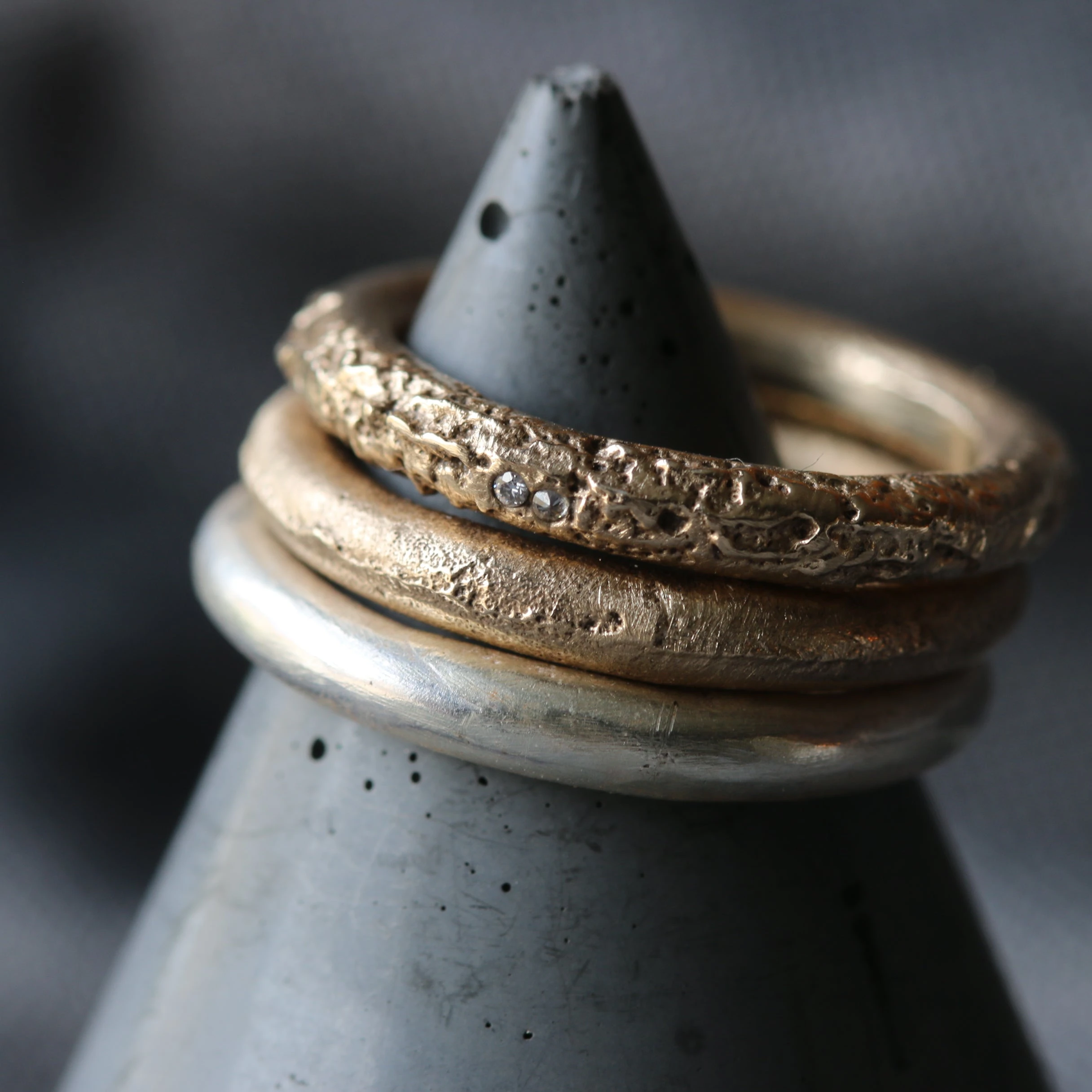Sand Cast Gold Ring with Moissanite Stones