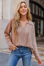 Sand Collared Long Sleeve Cable Knit Jumper - Brown