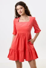 Sassa Lightweight Baby Cord Tiered Mini Dress - Apricot - red Cotton 2