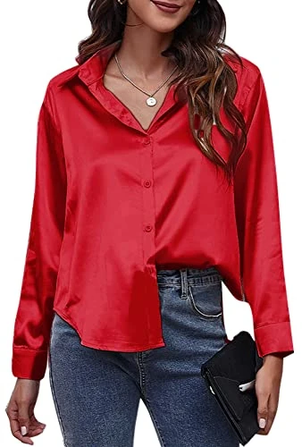 Satin Blouse for Women UK Long Sleeve Women's Silk Shirts Lapel V Neck Shirt Buton Down Tops Loose F