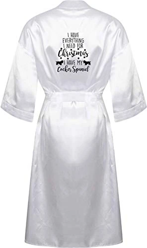 Satin Dressing Gown Everything I Need Christmas Cocker Spaniel Robe White Size XL/XXL 16/18