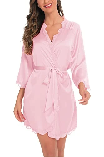 Satin Dressing Gown for Women Lace Kimono Robe Lightweight Silk Bridesmaid Bride Bathrobe with Oblique V Neck, Light Pink, S