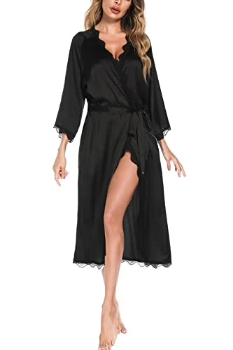 Satin Dressing Gown for Women, Lace Trim Kimono Long Silk Robe Bride/Bridesmaid Bathrobe for Wedding 3/4 Sleeve Lightweight Nightdress Nightgown, Black, XS