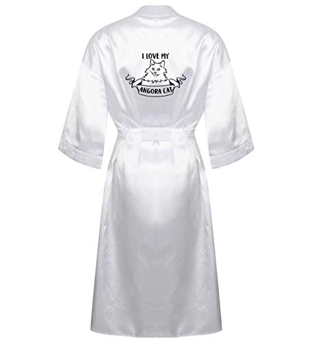 Satin Dressing Gown I Love My Angora Cat Robe White Size XL/XXL 16/18