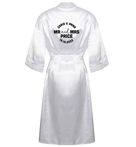 Satin Dressing Gown Personalised Wedding Date and Name Robe White Size M/L 12/14