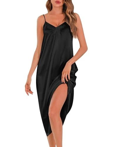 Satin Nightdress for Women Sexy Nighties V Neck Long Negligees Strap Chemise Silk Nightwear Full Slips Babydoll Sleepwear Nightgown Black