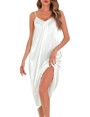 Satin Nightdress for Women Sexy Nighties V Neck Long Negligees Strap Chemise Silk Nightwear Full Slips Babydoll Sleepwear Nightgown White