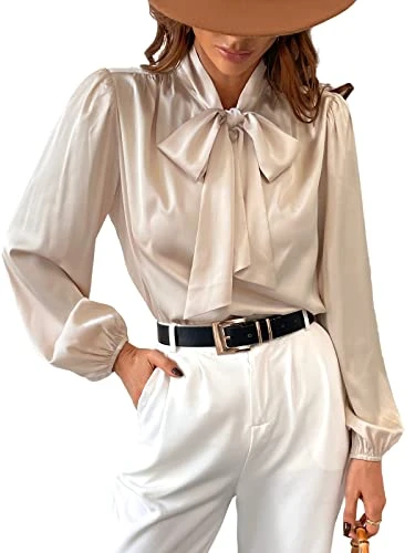 Satin Shirt Top for Women Bow Tie Long Sleeve Shiny High Neck Work Casual Blouses Champagne L