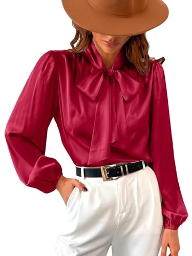 Satin Shirt Top for Women Bow Tie Long Sleeve Shiny High Neck Work Casual Blouses, Red, L