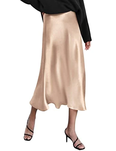 Satin Skirts for Women High Waist Silk Midi Skirts Casual A Line Zipper Skirt