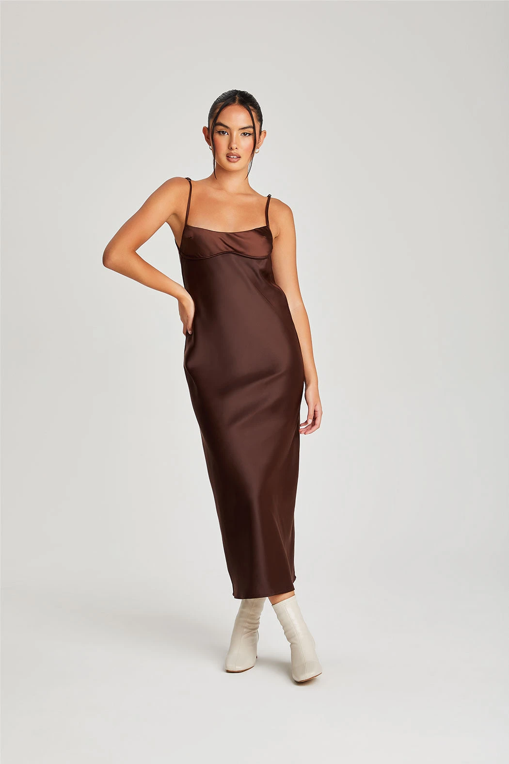 Satin Underbust Midi Dress Chocolate /