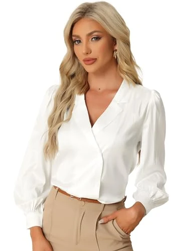 Satin V Neck Shirt for Women's Work Business Casual Button Down Long Sleeve Blouse White L