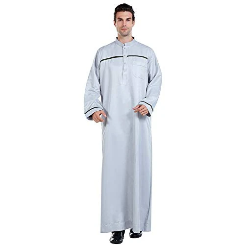 Saudi Arab Men Jubba Robe Muslim Islamic Thobe Long Sleeve Kaftan Abaya Middle East Dubai Loose Ethnic Clothing Grey