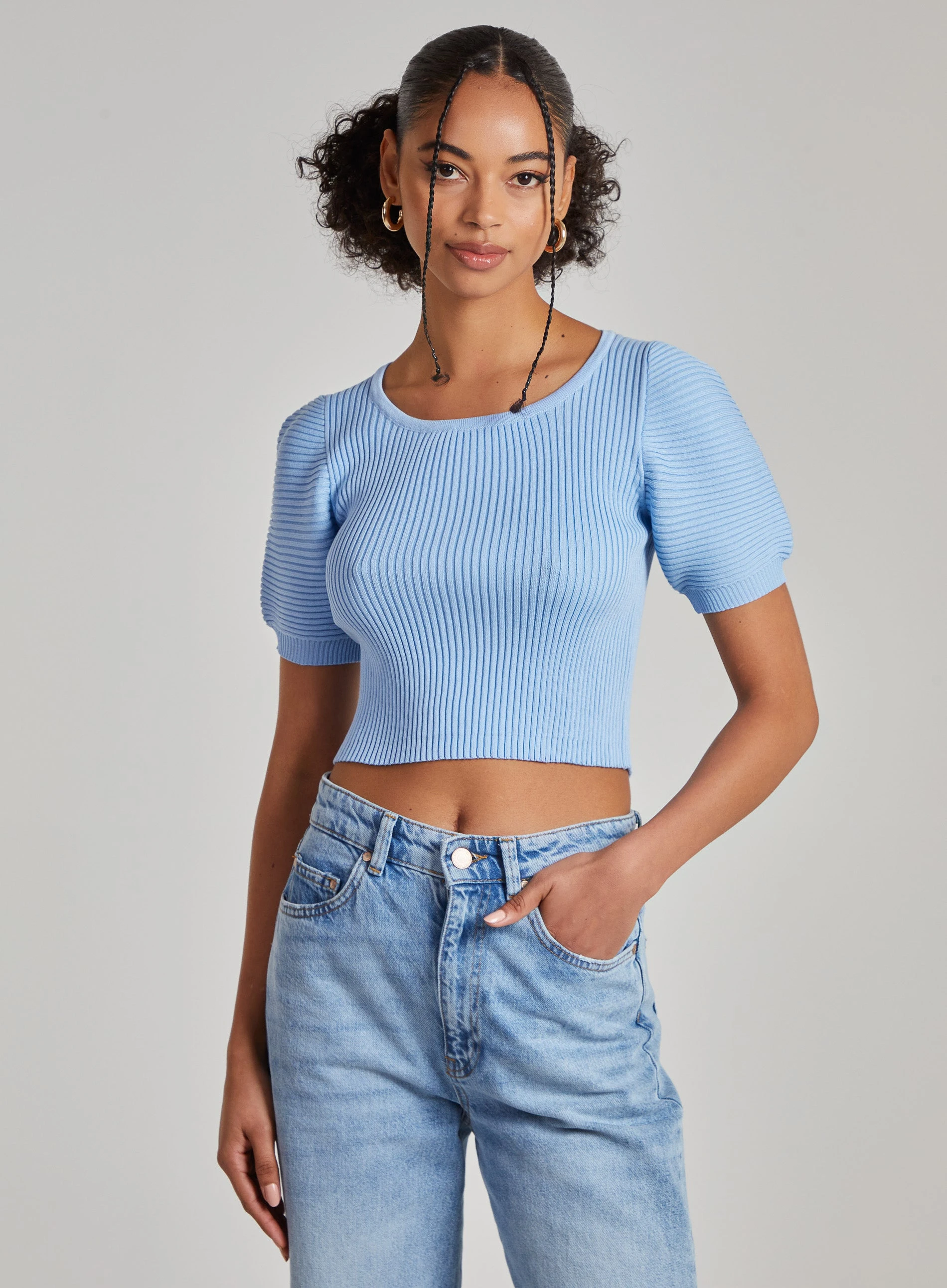 Scoop Neck Knit Crop Top  - S  - Blue