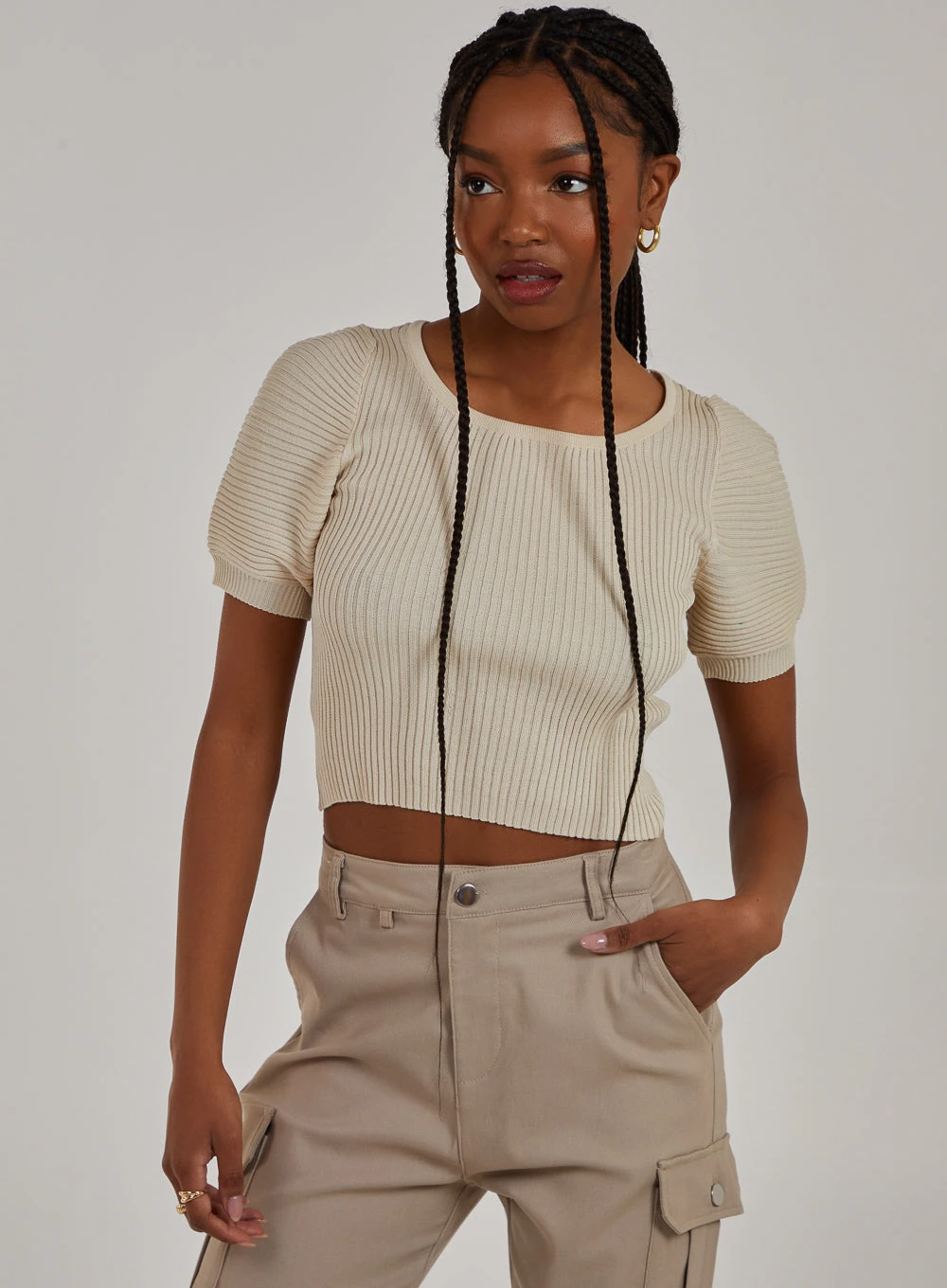 Scoop Neck Knit Crop Top Stone