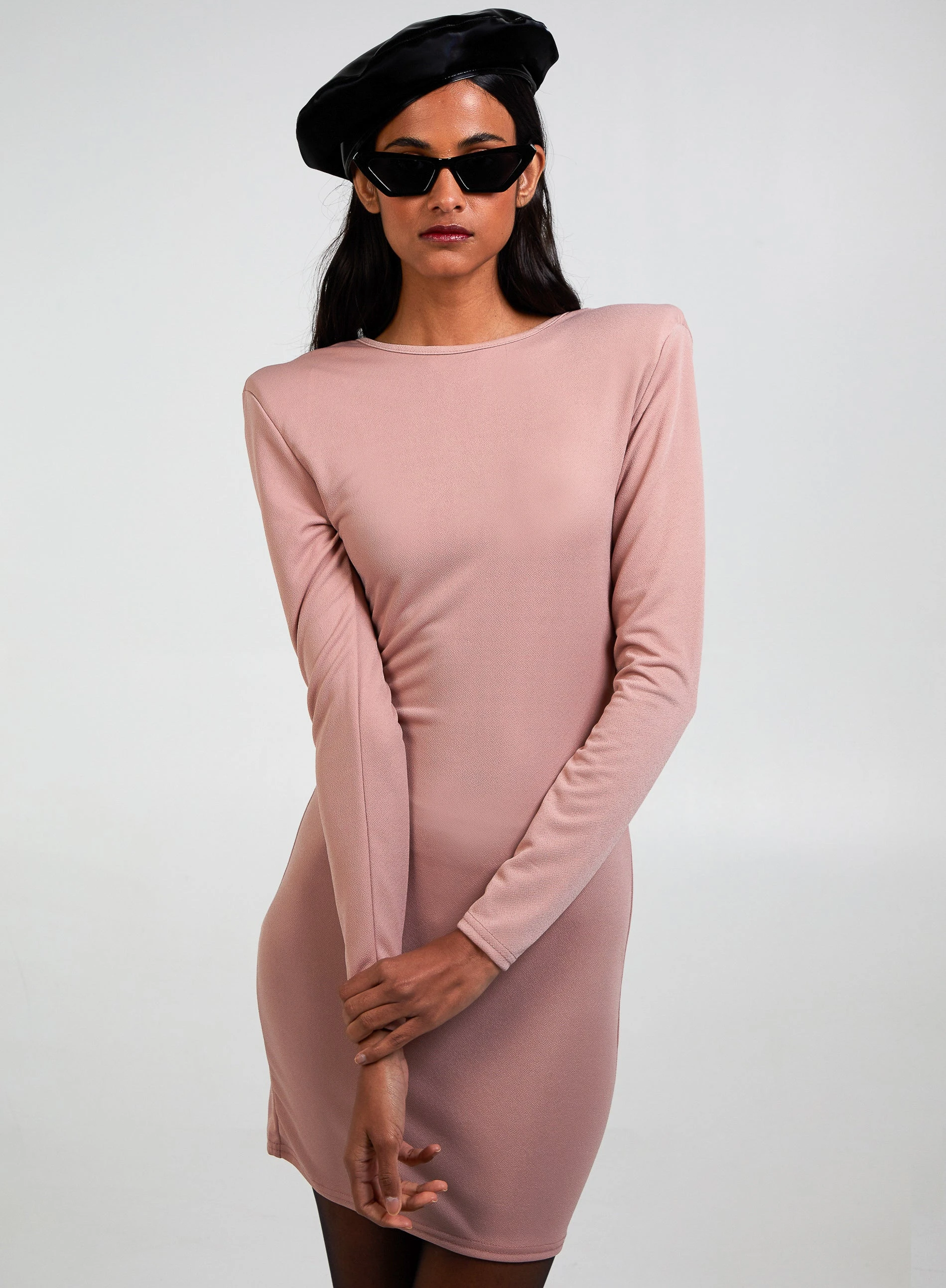 Scoop Neck Long Sleeve Shoulder Pad Dress  - 8  - Pink