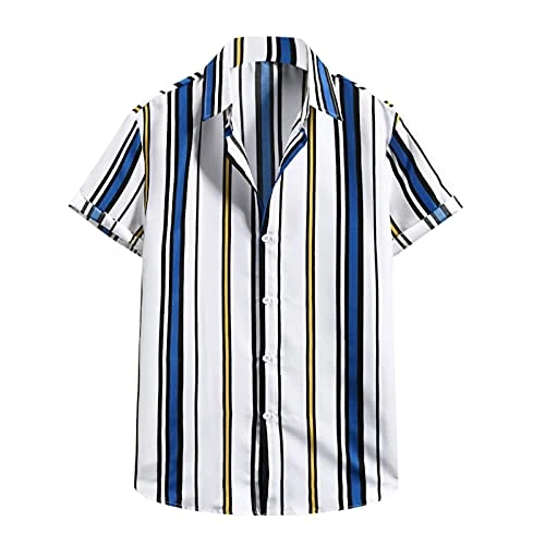 SDFRK® Floral Striped Shirt Men's Hawaiian Shirts Men's Short Sleeve Lapel Tropical Shirt Summer Ca