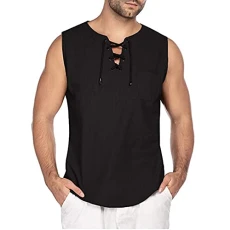 SDFRK Men's Cotton and Linen Slim Fit Sexy Lace Up V-Neck Shirt Tops Fashion Casual Beach Shirt Sleeveless Gymnastics Tank Tops Sleeveless Sweatshirt T-Shirt Lace Up Bodybuilding, Black, XXL