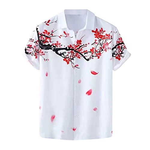 SDFRK® Men's Flowers Shirt Men's Short Sleeve Hawaiian Shirt Men's Classic and Elegant Cuban Collar