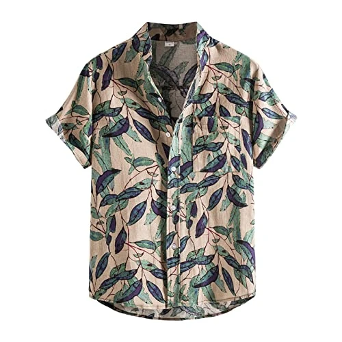 SDFRK Men's Short Sleeve Flower Shirt Summer Linen and Hawaiian Cotton Casual Print T Shirt National