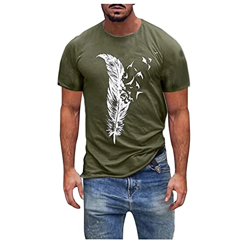 SDFRK Men's Short Sleeve T-Shirt, Men's Feather Print Sweatshirt Short Sleeve Bodybuilding Fitness Top Casual Classic Round Neck T-Shirt Basic Retro American Adult T Shirt, Green, M