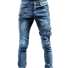 SDFRK® Men's Stretch Jeans, Men's Skinny Hole Biker Jeans Straight Fit Ripped Styles Destroyed Denim Slim Fit Tight Trousers Jeans Men's High Waist Bootcut, Blue, M