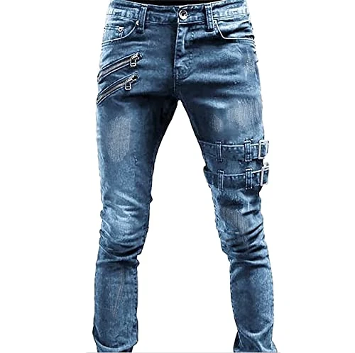 SDFRK® Men's Stretch Jeans, Men's Skinny Hole Biker Jeans Straight Fit Ripped Styles Destroyed Denim Slim Fit Tight Trousers Jeans Men's High Waist Bootcut, Blue, M