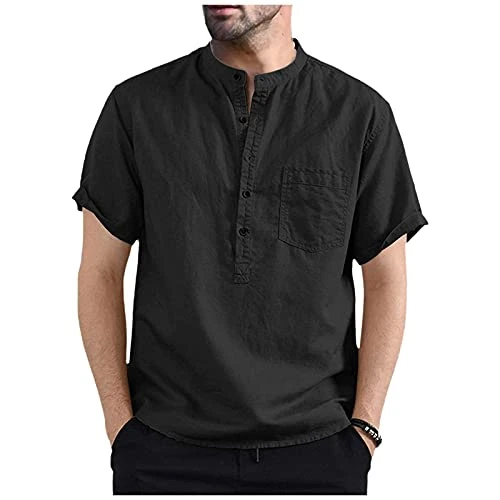 SDFRK Regular Slim Fit Mao Collar Shirt Men's Cotton Plain Retro Summer Casual Short Sleeve T-Shirt 