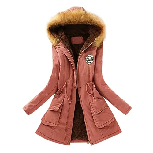 SDFRK Women's Coat, Women's Mid-Length Lambswool and Cotton Long Sleeve Zipped Thick Jacket Parka Fur Outercoat Hooded Cotton Jacket with Zip Fastening, A14, S