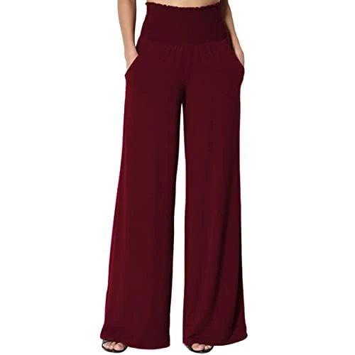 SDFRK® Women's Linen Trousers Summer Casual Cotton Linen Loose Trousers Lightweight Elastic Solid Colour Trousers, Red, L