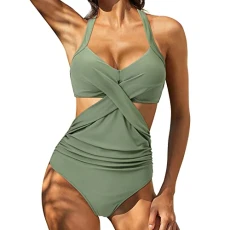 SDFRK Women's One Piece Swimsuit Cross in Block Wrap Push Up Gathering Tummy Bikini Set Push-Up Brazilian Beachwear Monokini Vintage Printed Backless Flat Stomach Beach, Green, XL